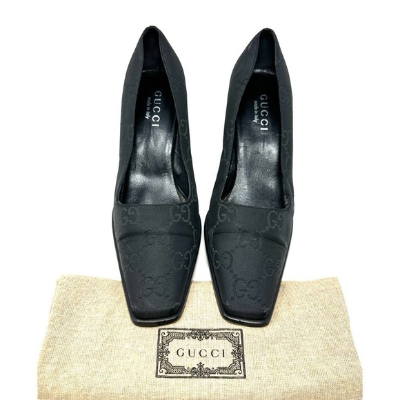 Gucci GG Logo Jumbo Guccissima Supreme Pumps Slip On Square Toe Black Heels US8 - Picture 2 of 8